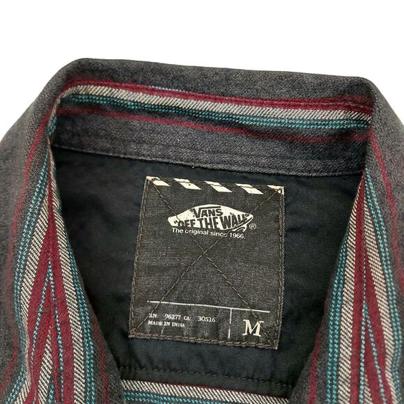 Vans Mens Flannel Shirt Medium Gray Striped Button Up Long Sleeve 100% Cotton - Picture 12 of 13